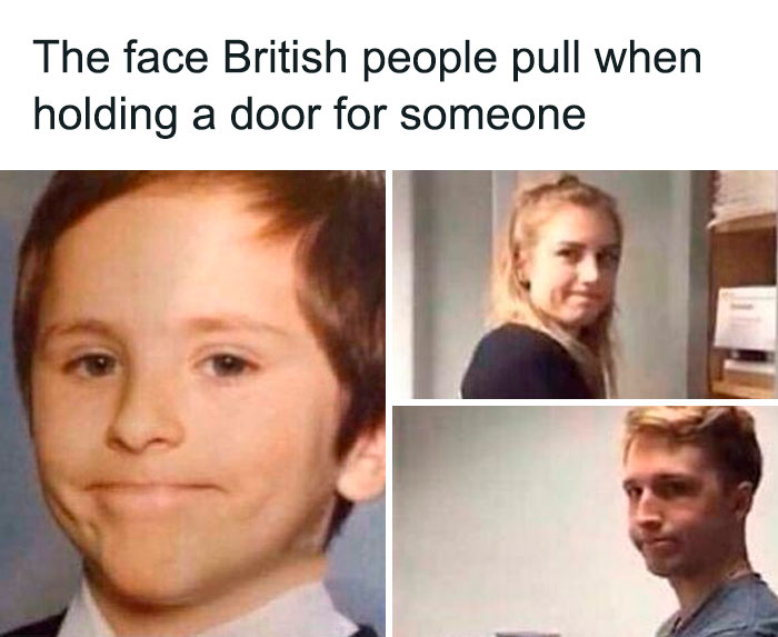 Three people making awkward faces typical of British memes about holding a door for someone in the U.K.