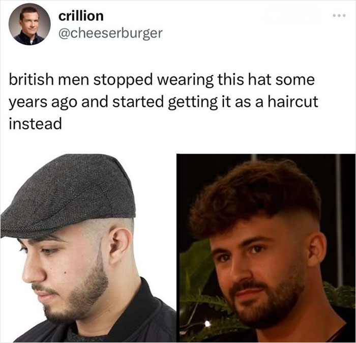 British men meme comparing traditional flat cap hat to modern haircut in Great British memes style.