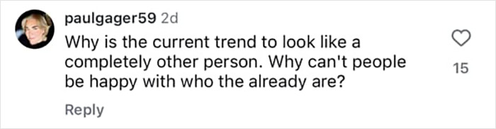 Comment on Instagram questioning why people follow trends changing their looks, linked to Kelly Osbourne's transformation and surgery rumors discussion.