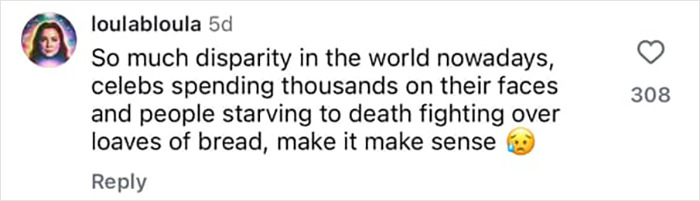 Comment highlighting disparity with celebrities' spending on faces amid starvation, sparking Ozempic and plastic surgery rumors about Kelly Osbourne.