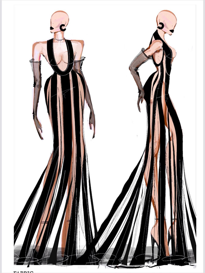 Fashion illustration showcasing a scandalous Met Gala look with sheer black striped gown and long gloves, inspired by Halle Berry's stylist. Fashion illustration showcasing a scandalous Met Gala look with sheer black striped gown and long gloves, inspired by Halle Berry's stylist.