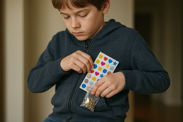 Young boy in a dark hoodie hiding stickers and small objects, illustrating childhood habits as red flags behavior.