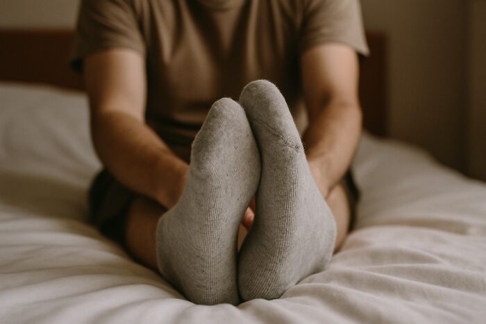 Person sitting on bed with worn grey socks, representing childhood habits as potential red flags and attention-seeking behavior.