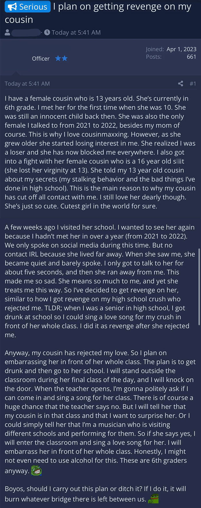 Screenshot of a misogynistic incel’s revenge plan post shared in a community shaming incel behavior and attitudes.