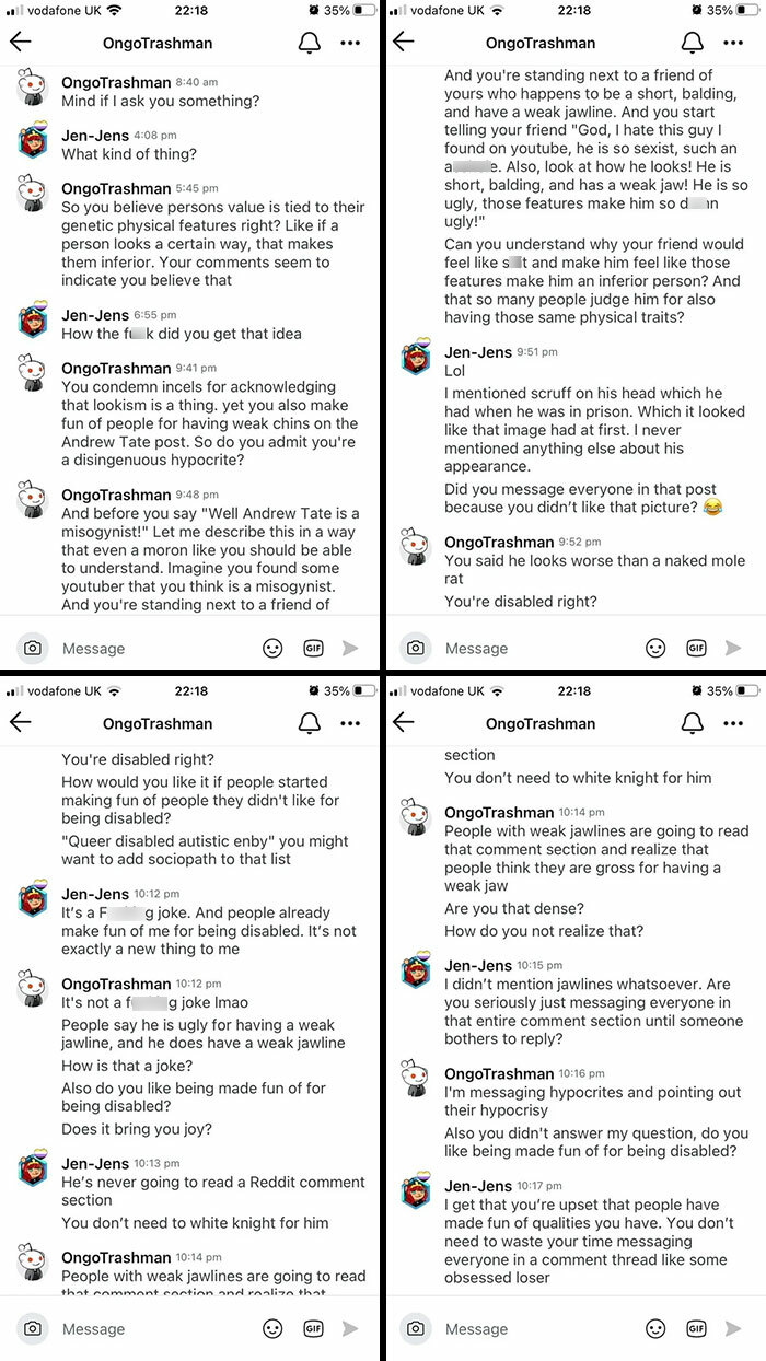 Screenshots of a Reddit chat discussing and shaming misogynistic incels and their behavior in online comments.