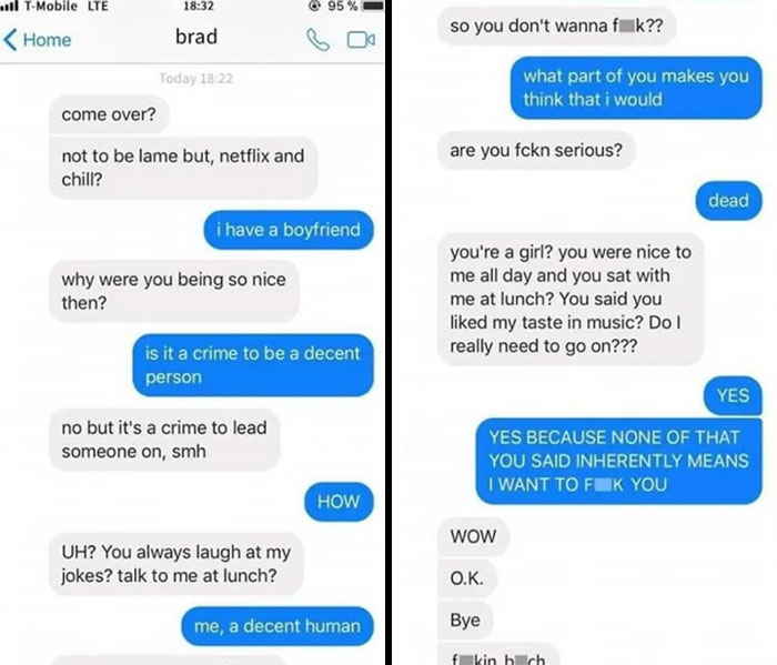 Screenshot of text messages exposing misogynistic incel behavior and shaming entitled attitudes in online conversations.