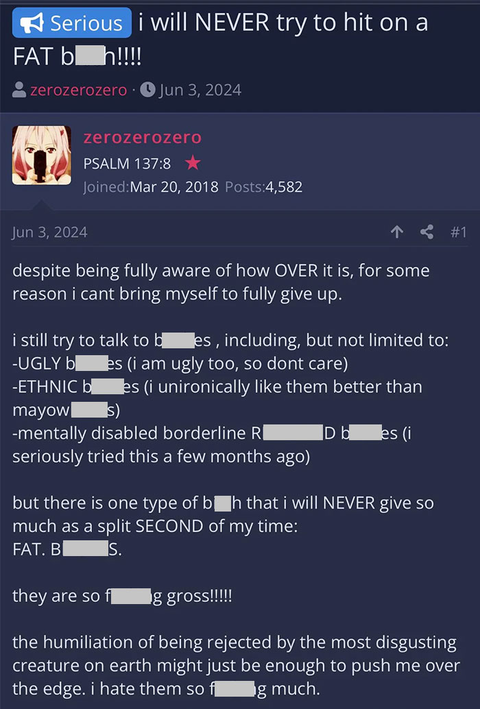 Screenshot of a post from a community shaming misogynistic incels discussing their hateful views and rejection.