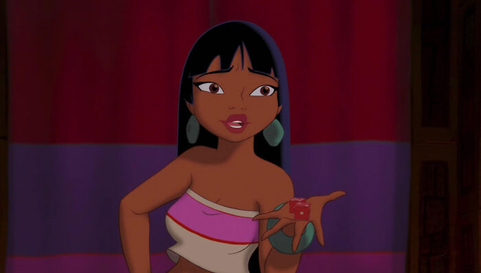 Animated woman holding a red die, representing unconventional crushes people actually have in a colorful room setting.