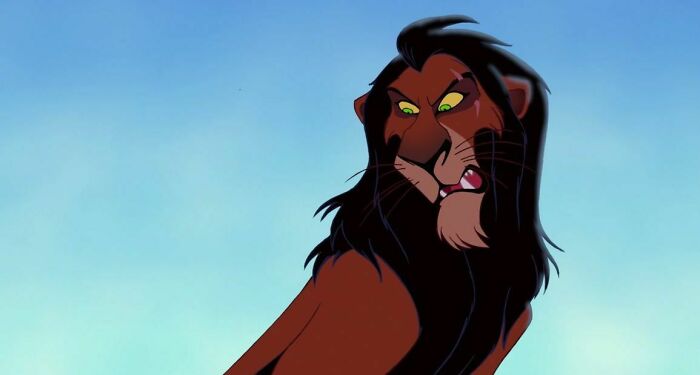 Scar animated character with dark mane looking sideways against a clear blue sky, illustrating unconventional crushes.