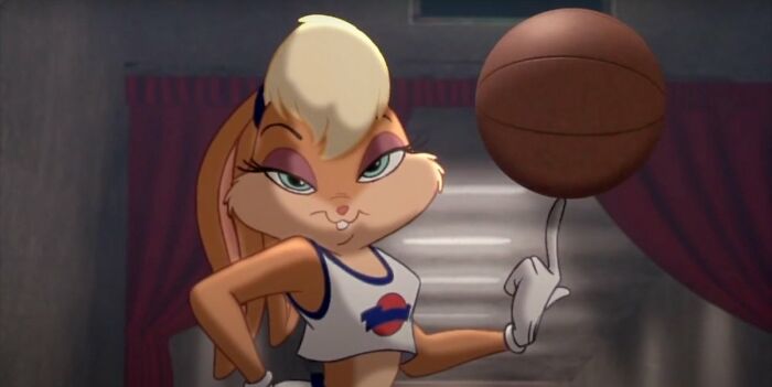 Lola Bunny in a basketball jersey confidently spinning a basketball, highlighting unconventional crushes people actually have.