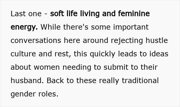 Text excerpt discussing soft life living and feminine energy linked to dangerous alt-right rabbit holes for women.