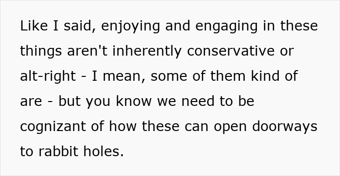 Text discussing awareness of how alt-right rabbit holes can open doorways in online spaces for women.