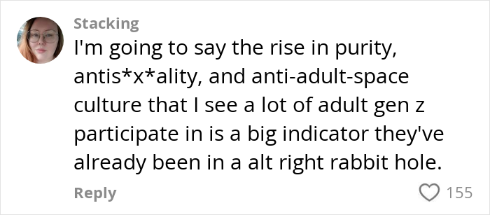 Screenshot of a woman sharing her thoughts on the most dangerous alt-right rabbit holes affecting women online.