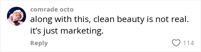 Comment on social media stating clean beauty is not real and is just marketing with 114 likes, highlighting alt-right rabbit holes for women.