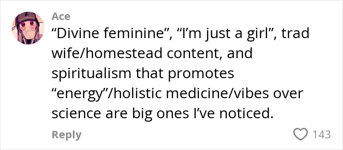 Comment on alt-right rabbit holes for women mentioning divine feminine, trad wife content, and holistic medicine vibes.