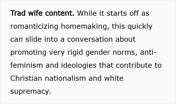 Text about trad wife content discussing rigid gender norms, anti-feminism, and alt-right rabbit holes affecting women.