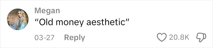 Screenshot of a social media comment by Megan reading Old money aesthetic with 20.8K likes.