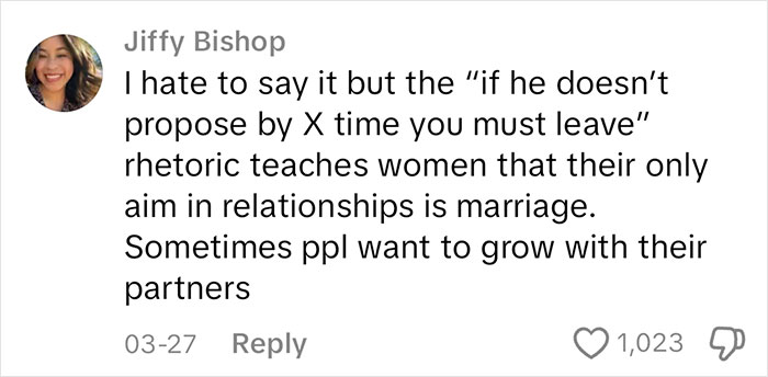 Comment by Jiffy Bishop on alt-right rabbit holes for women, discussing marriage pressures and relationship growth.