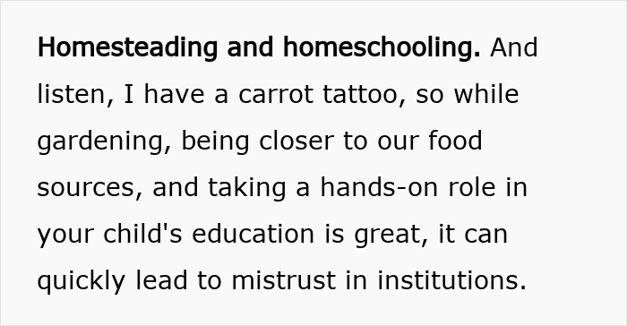 Text excerpt discussing homesteading and homeschooling and the potential mistrust in institutions it can cause for women exploring alt-right rabbit holes.