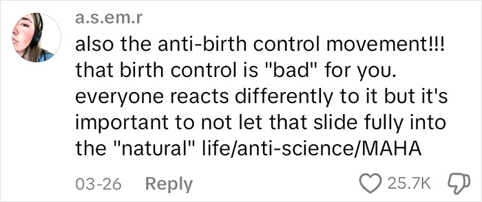 Comment discussing the anti-birth control movement as a dangerous alt-right rabbit hole for women on social media.