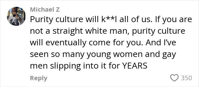 Comment discussing purity culture's impact on women and men, highlighting dangers in alt-right rabbit holes for women.