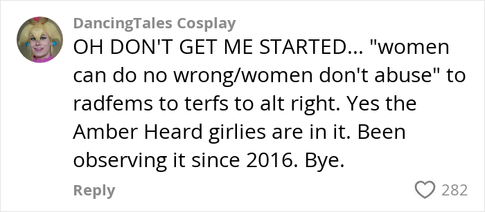 Comment discussing alt-right rabbit holes for women, mentioning radfems, terfs, and Amber Heard in the context.