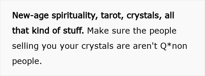 Alt text: Text highlighting new-age spirituality and warnings about dangerous alt-right rabbit holes for women involving crystals and tarot.
