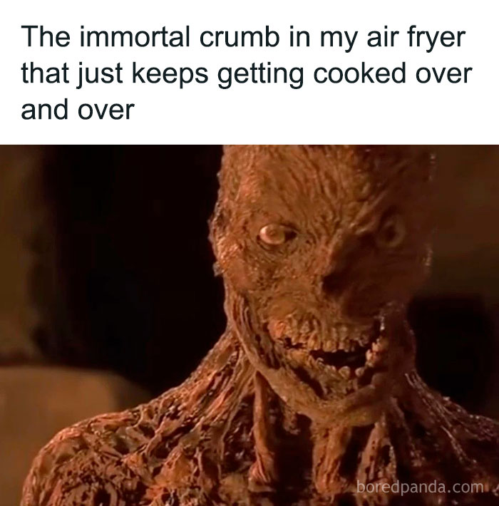 Funny and relatable meme showing an immortal burnt crumb personified, referencing silly memes from Instagram accounts.