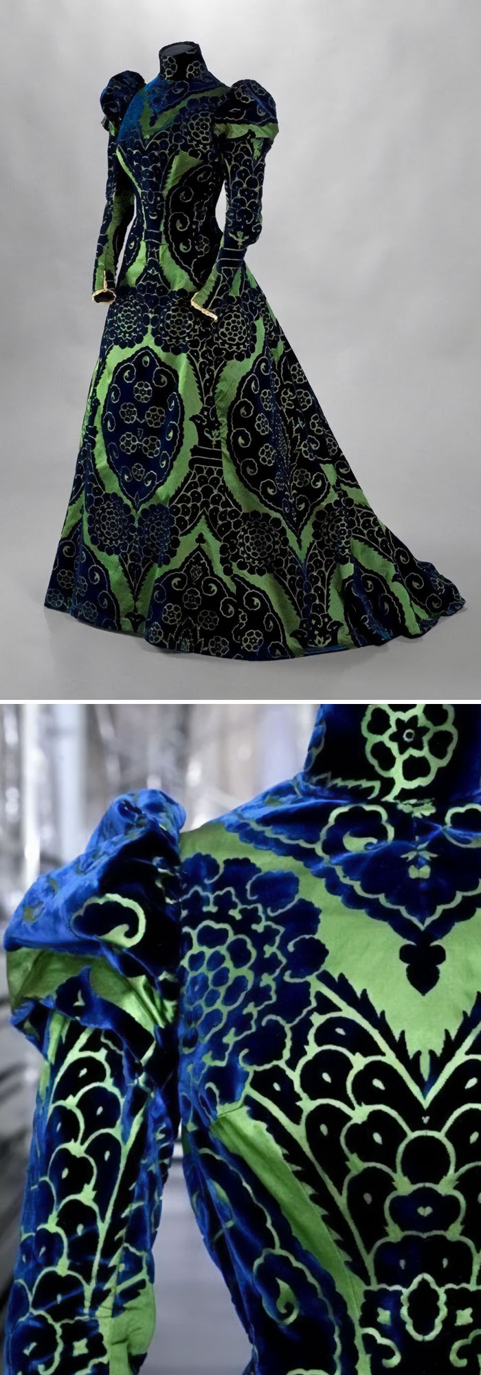 Victorian era fashion dress with velvet floral patterns in blue and green showcasing centuries of fashion history.