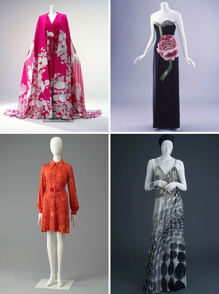 Four mannequins showcasing a variety of historical fashion styles highlighting centuries of fashion evolution.