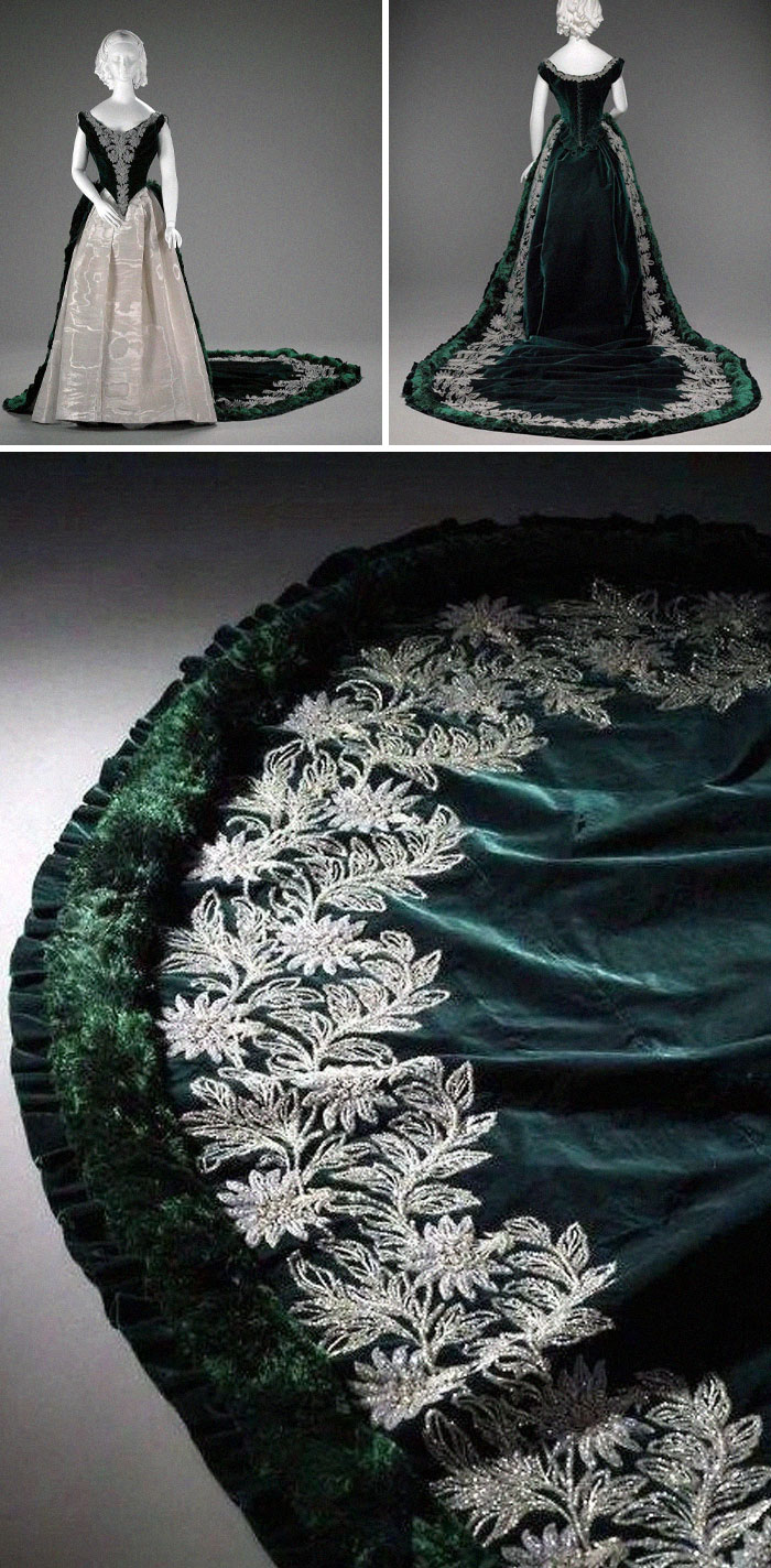 Victorian era fashion gown with luxurious velvet and intricate floral embroidery featured in centuries of fashion showcase.