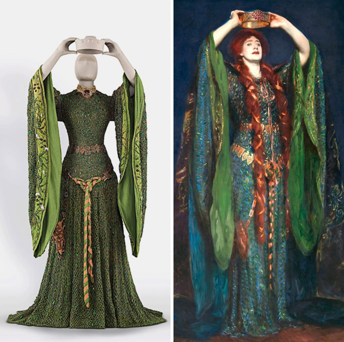 Medieval-inspired green gown with long flowing sleeves displayed on mannequin and in historic painting with crown.