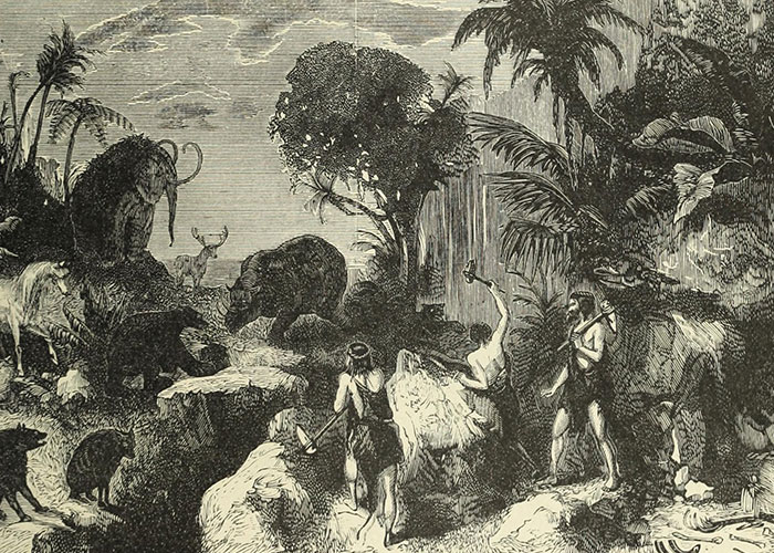 Illustration of prehistoric people hunting animals in a dense forest, representing things from the past people research.