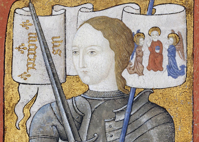 Medieval knight holding banners with religious imagery, illustrating notable events from the past people research.