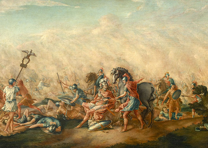 Ancient battle scene with soldiers fighting on foot and horseback, illustrating events people can’t stop researching about the past.