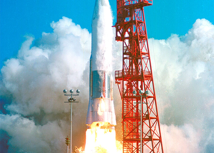 Rocket launch with smoke and flames, representing historical events people can’t stop researching.