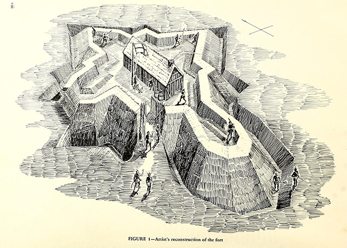 Ink drawing of a historical fort with people walking on and around it, illustrating a significant historical event site.