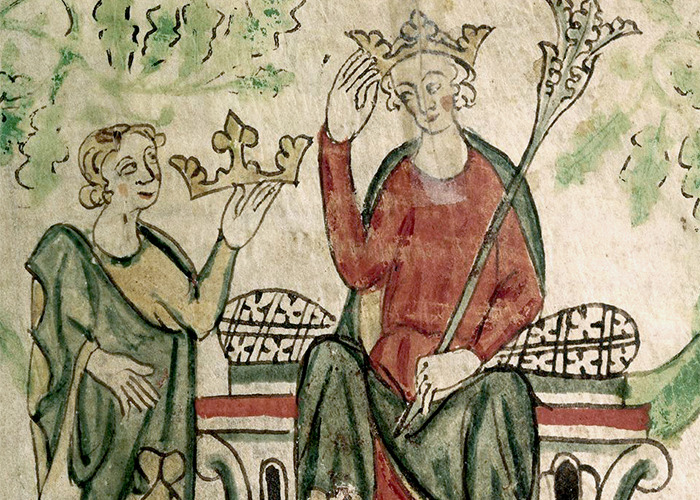 Medieval illustration depicting historical events with a king receiving a crown, symbolizing significant moments in history.