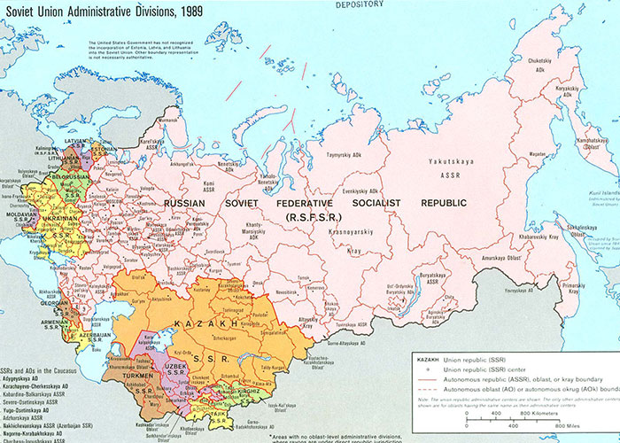 Map of Soviet Union administrative divisions in 1989 showing historical regions people research for past events.