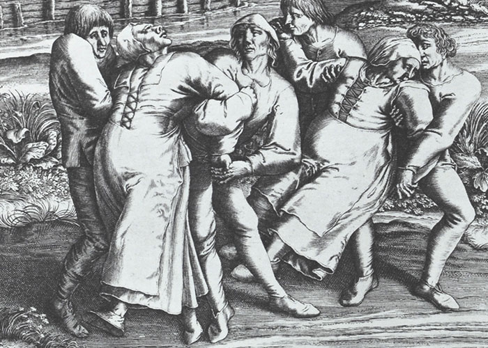 Black and white historic illustration showing people dancing or socializing, related to past events people research.
