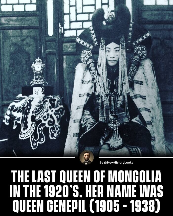 The last queen of Mongolia in the 1920s wearing traditional royal attire, a monumental life moment frozen in time.