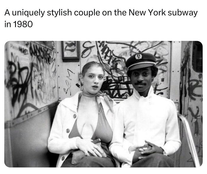 A stylish couple on the New York subway in 1980 capturing monumental life moments frozen in time.