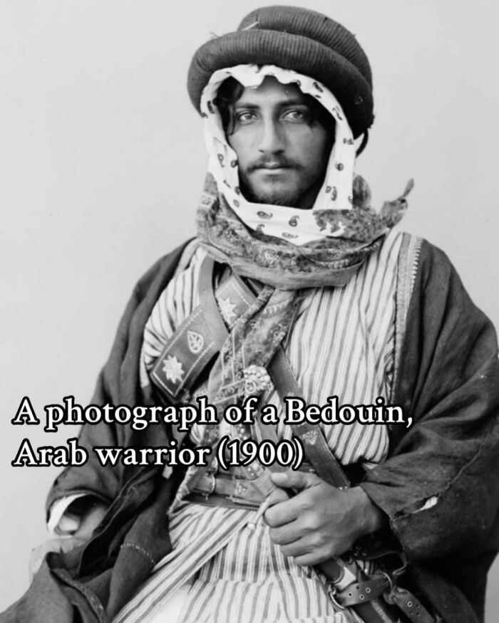 Bedouin Arab warrior in traditional attire circa 1900, a monumental life moment frozen in time history photo.