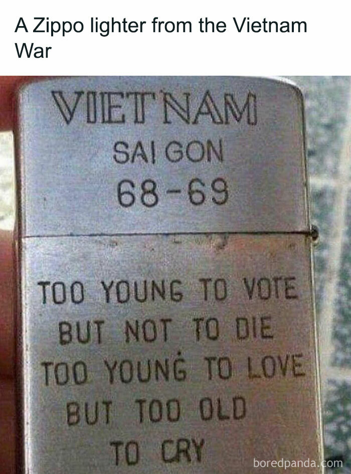 A Vietnam War Zippo lighter engraved with a quote reflecting youth and sacrifice, featured in history memes.