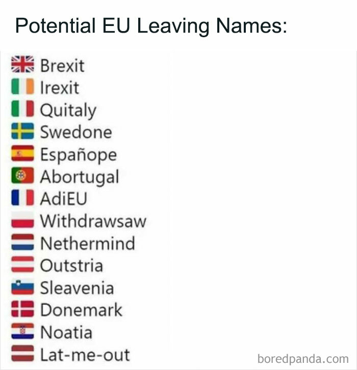 List of potential EU leaving names with country flags used in entertaining history memes about European exits.
