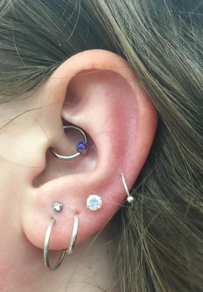 Close-up of an ear with multiple piercings and jewelry illustrating placebo effect in real life examples by netizens.