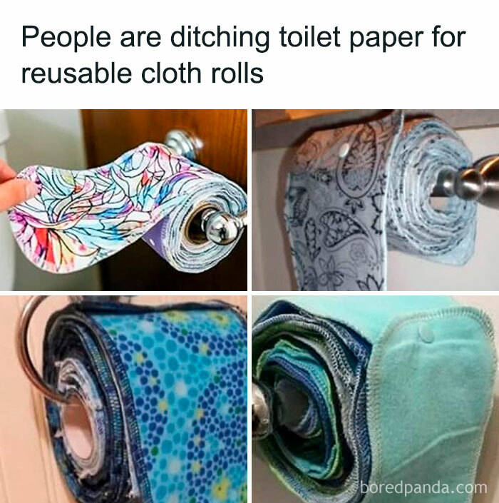 Reusable cloth rolls replacing toilet paper shown in colorful patterns on bathroom holders, illustrating outrageous hot takes shared publicly.