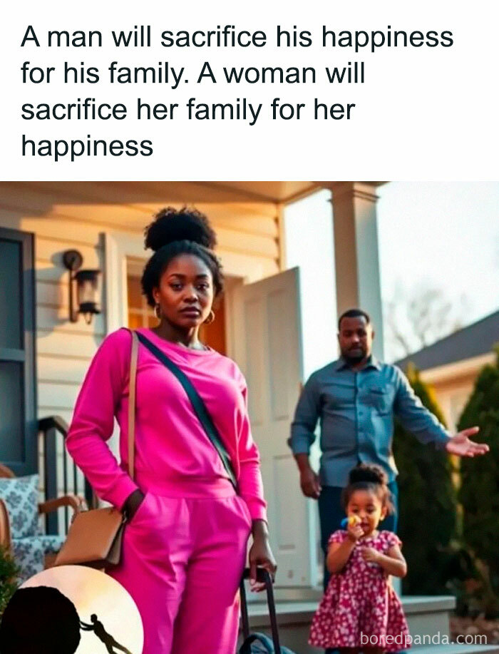 A woman and a man in front of a house with a child, illustrating outrageous hot takes about family and happiness publicly shared.