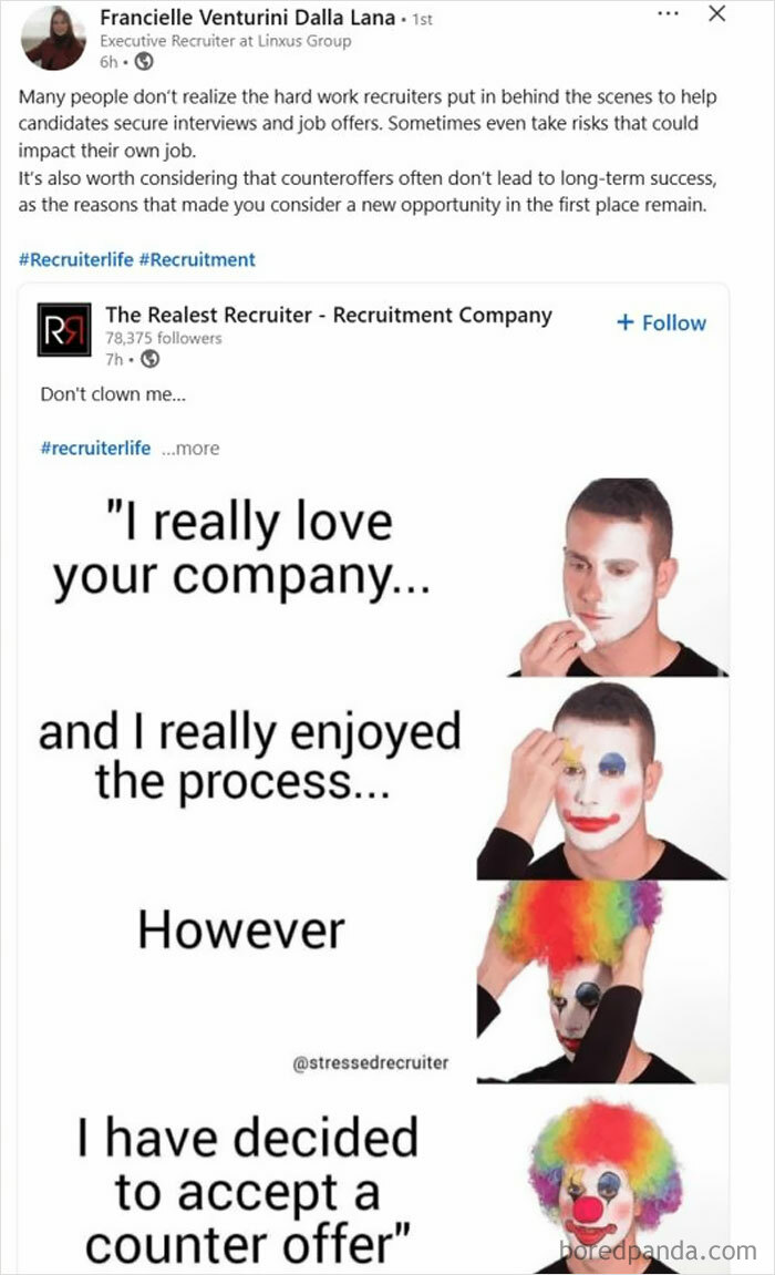 Meme showing a man putting on clown makeup to illustrate outrageous hot takes shared publicly.