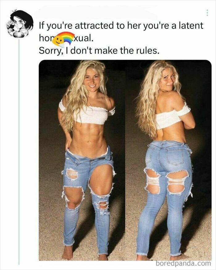 Woman in ripped jeans and a white crop top posing for photos, part of outrageous hot takes people shared publicly.